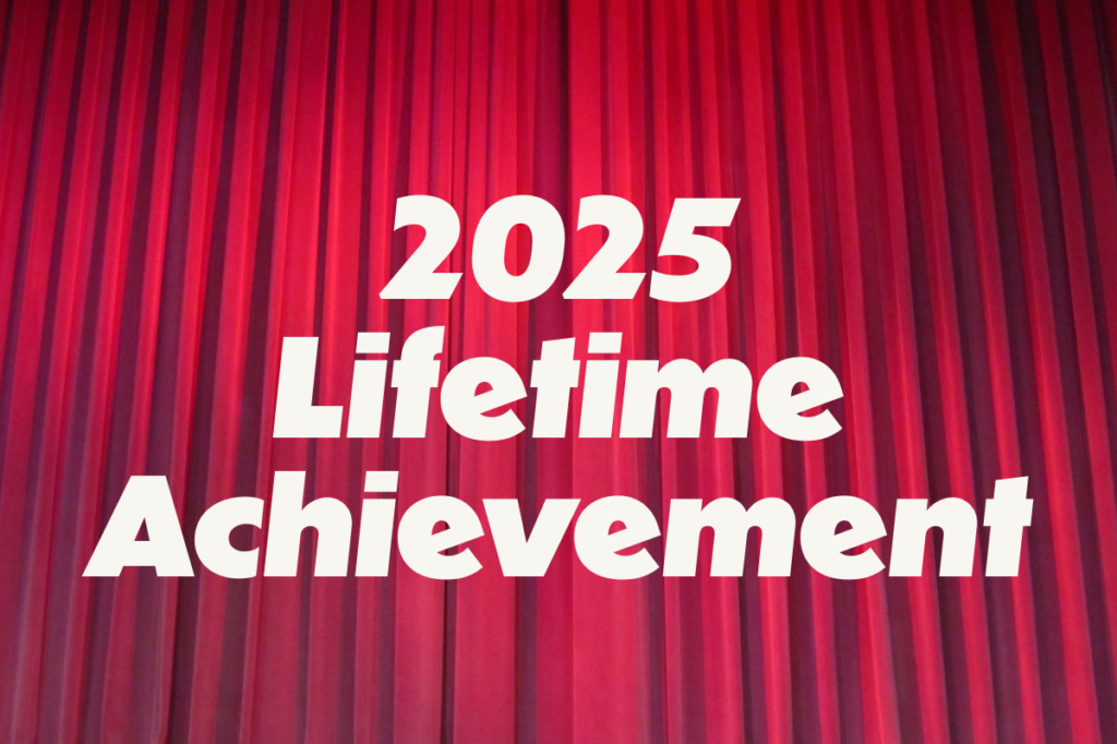 Red drape with the words "2025 Lifetime Achievement"